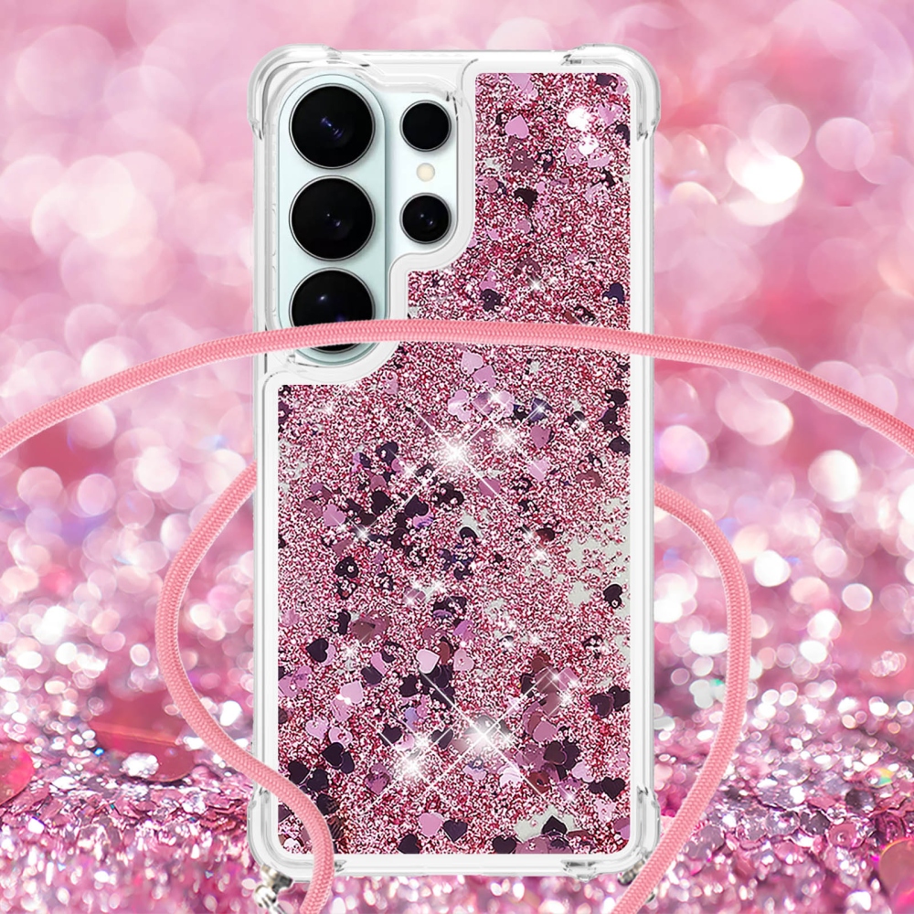 Csillogó homokóra zselés tok húzózsinórral Samsung Galaxy S26 Ultra készülékhez - rózsaszín/arany/szívecske