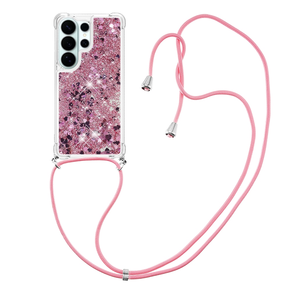Csillogó homokóra zselés tok húzózsinórral Samsung Galaxy S26 Ultra készülékhez - rózsaszín/arany/szívecske