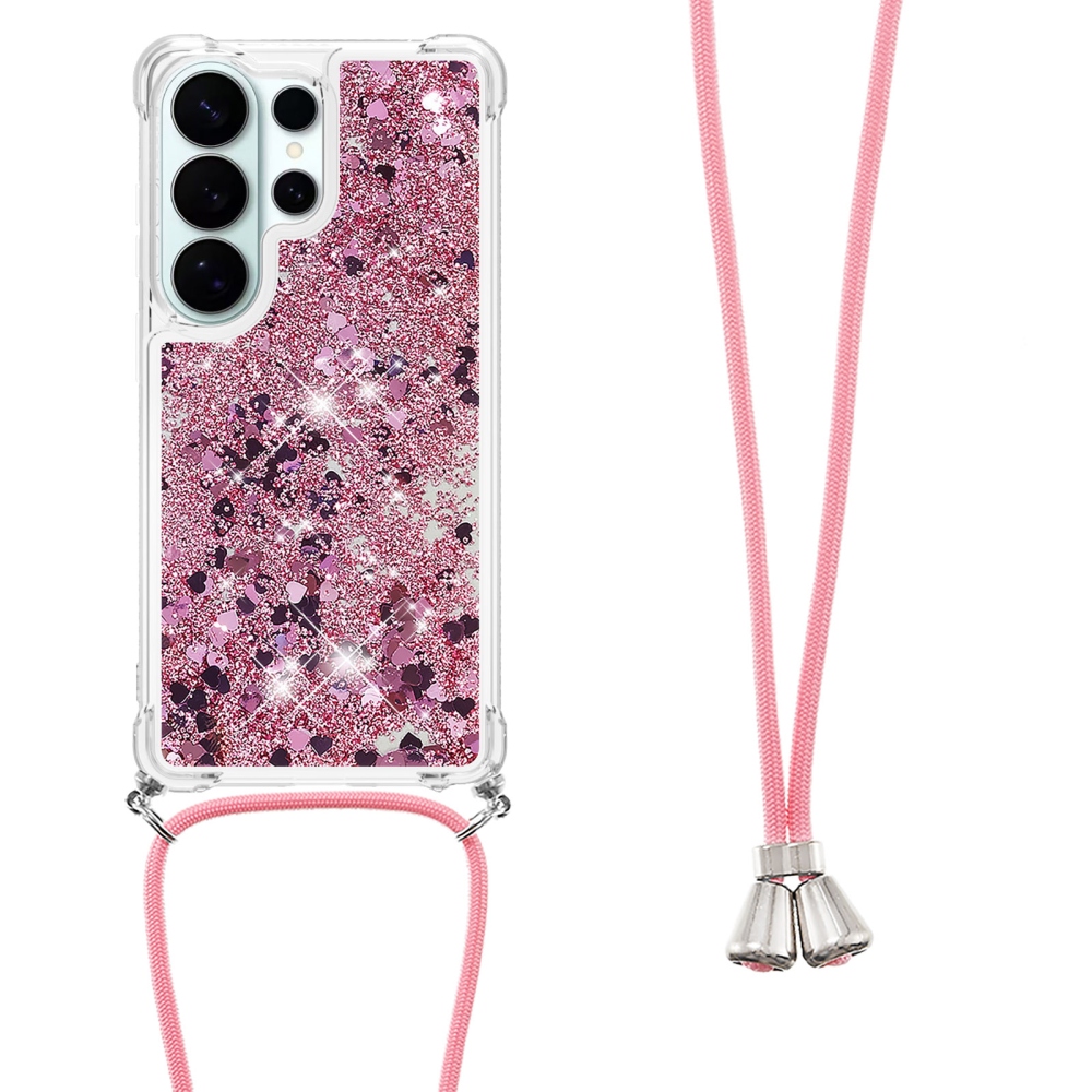 Csillogó homokóra zselés tok húzózsinórral Samsung Galaxy S26 Ultra készülékhez - rózsaszín/arany/szívecske