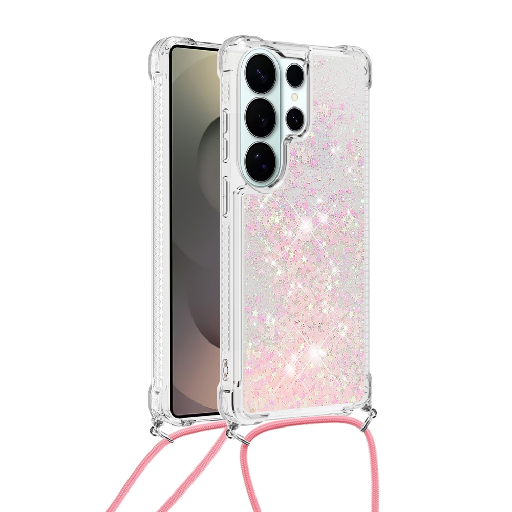 Csillogó homokóra zselés tok húzózsinórral Samsung Galaxy S26 Ultra - rózsaszín/csillagok