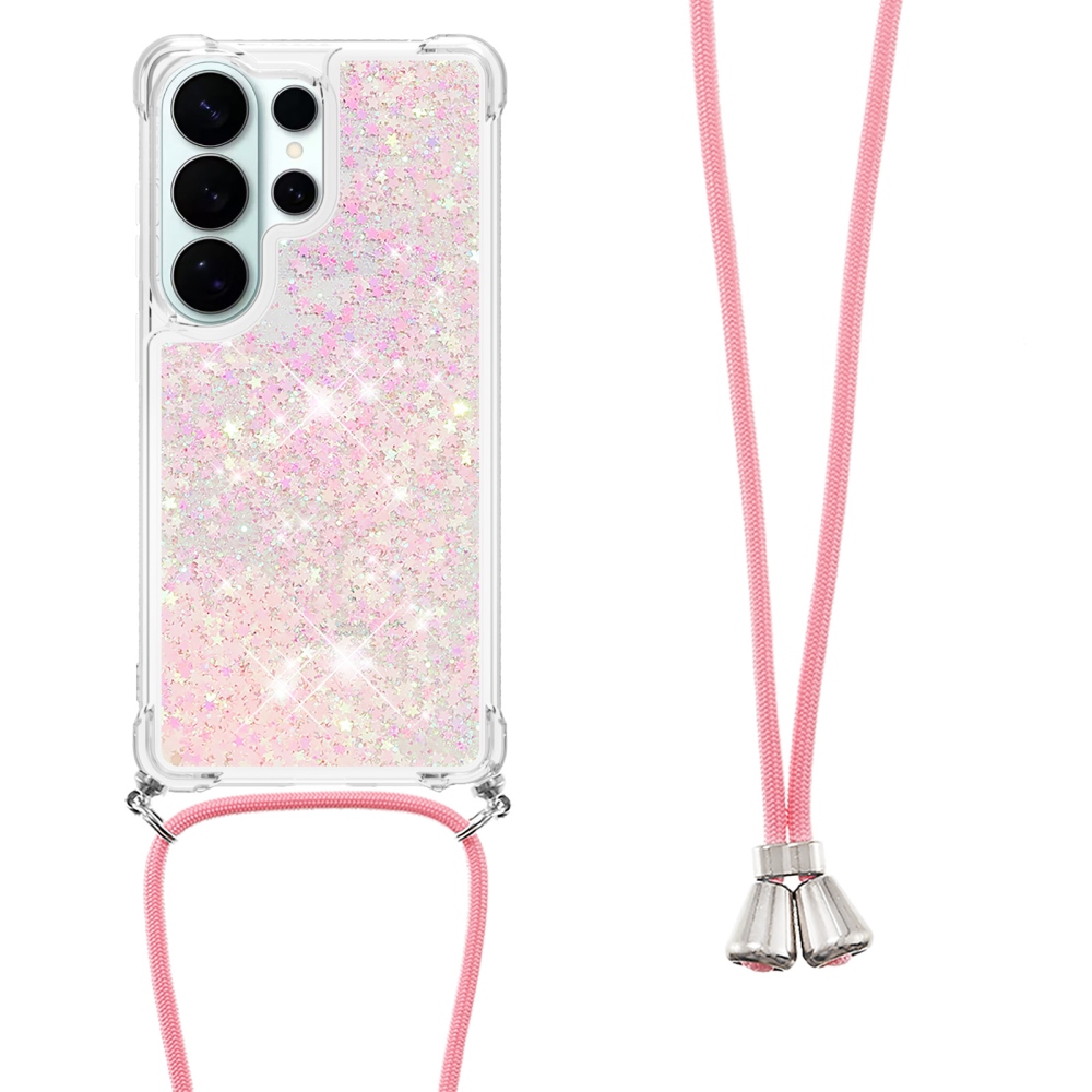 Csillogó homokóra zselés tok húzózsinórral Samsung Galaxy S26 Ultra - rózsaszín/csillagok