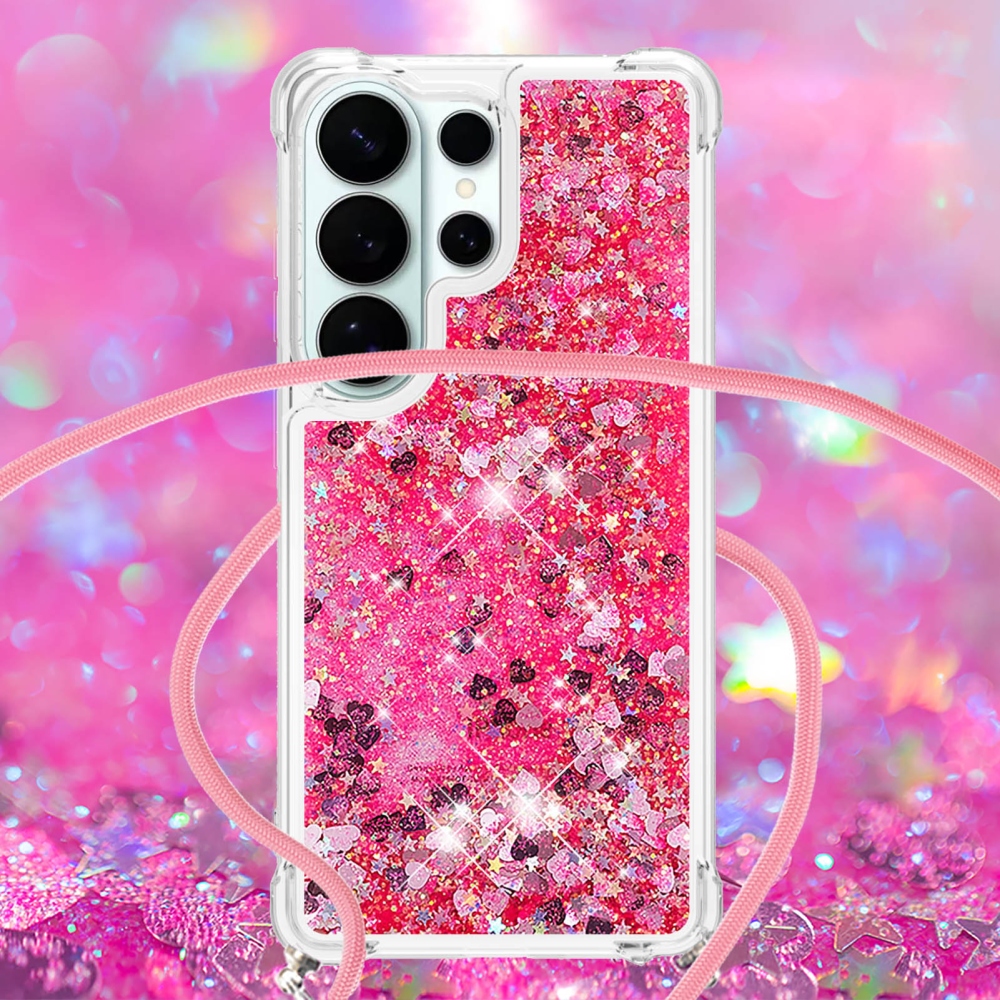 Csillogó homokóra zselés tok húzózsinórral Samsung Galaxy S26 Ultra készülékhez - rózsaszín/szív