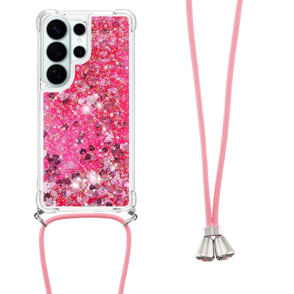 Csillogó homokóra zselés tok húzózsinórral Samsung Galaxy S26 Ultra készülékhez - rózsaszín/szív