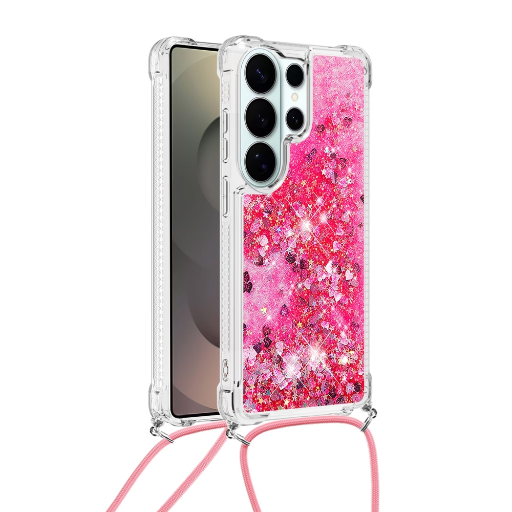 Csillogó homokóra zselés tok húzózsinórral Samsung Galaxy S26 Ultra készülékhez - rózsaszín/szív