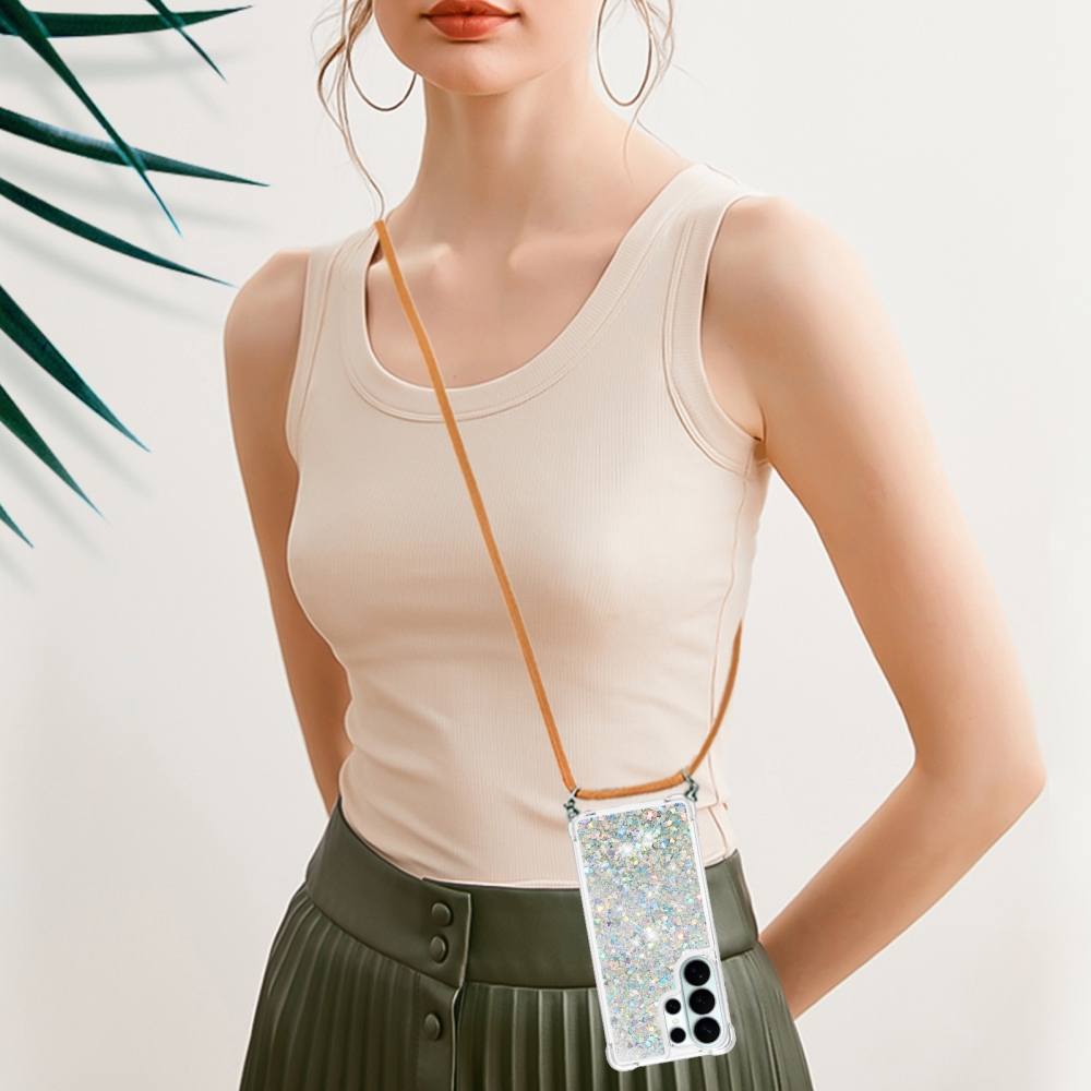 Csillogó homokóra zselés tok húzózsinórral Samsung Galaxy S26 Ultra készülékhez - ezüst/szívecske