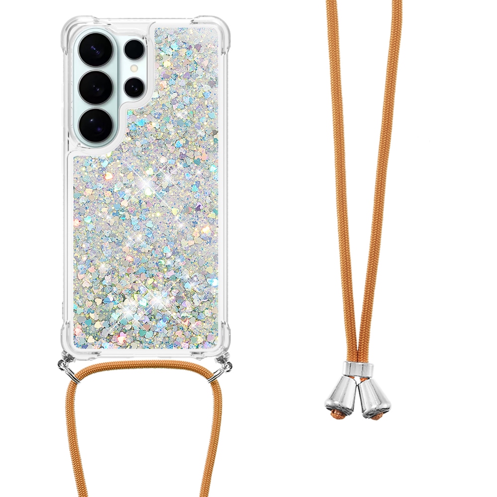 Csillogó homokóra zselés tok húzózsinórral Samsung Galaxy S26 Ultra készülékhez - ezüst/szívecske