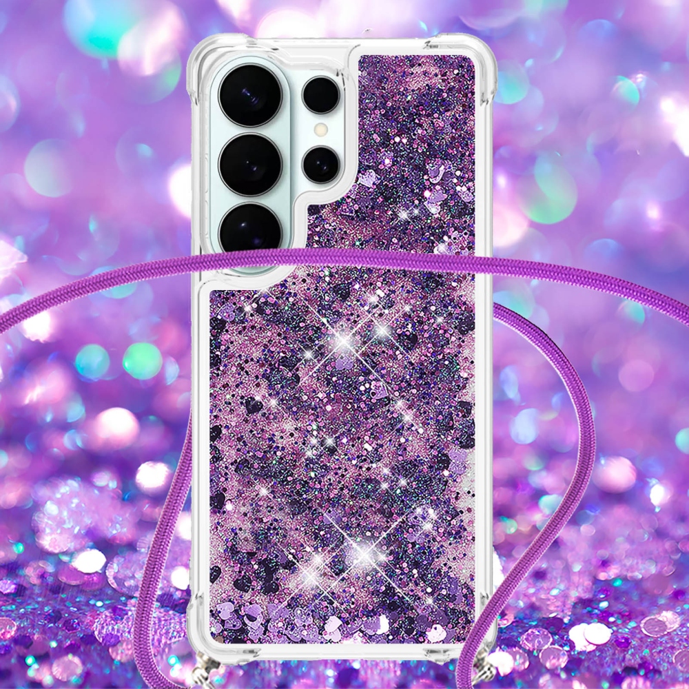 Csillogó homokóra zselés tok zsinórral Samsung Galaxy S26 Ultra készülékhez - sötétlila/szív