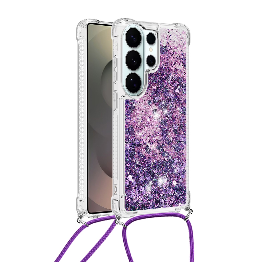 Csillogó homokóra zselés tok zsinórral Samsung Galaxy S26 Ultra készülékhez - sötétlila/szív