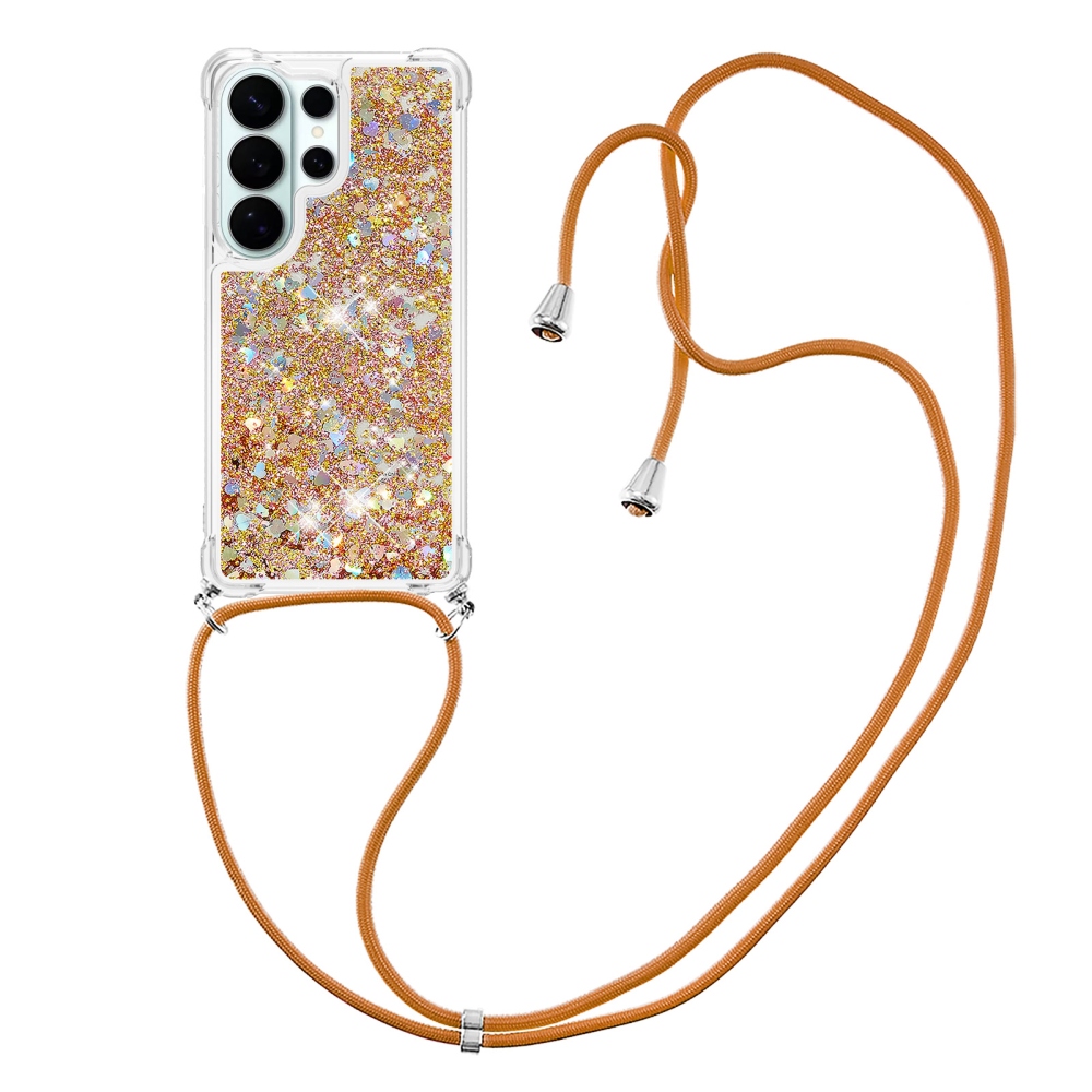 Csillogó homokóra zselés tok húzózsinórral Samsung Galaxy S26 Ultra készülékhez - arany/szív