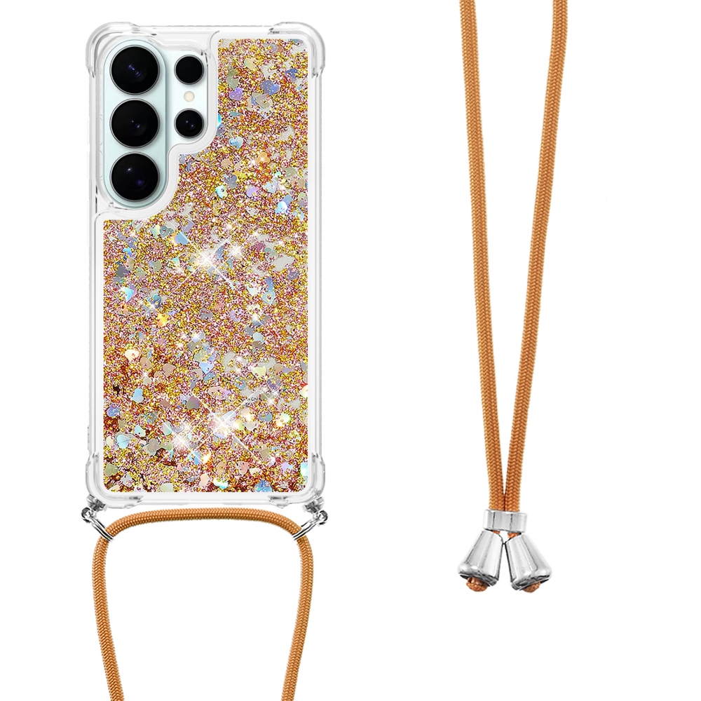 Csillogó homokóra zselés tok húzózsinórral Samsung Galaxy S26 Ultra készülékhez - arany/szív