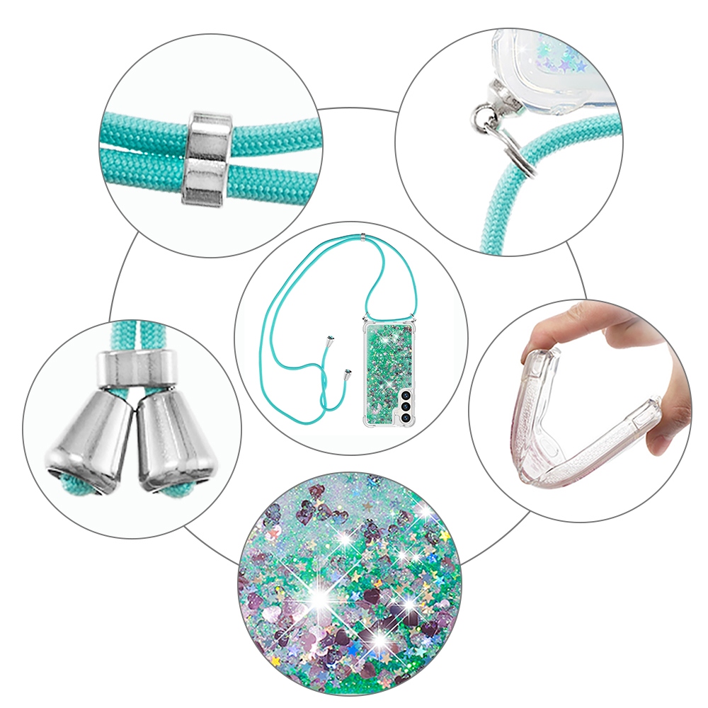 Csillogó homokóra zselés tok zsinórral Samsung Galaxy S26+ készülékhez - zöld/szív