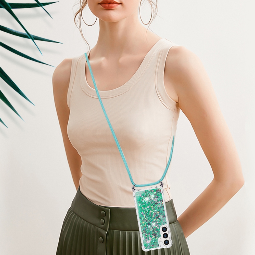 Csillogó homokóra zselés tok zsinórral Samsung Galaxy S26+ készülékhez - zöld/szív