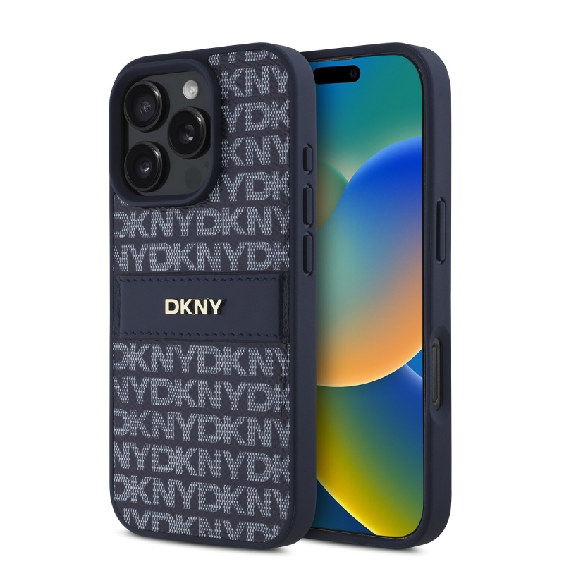 DKNY PU bőr ismétlődő mintás tonális csíkos hátlapi borító iPhone 16 Pro Max kékhez