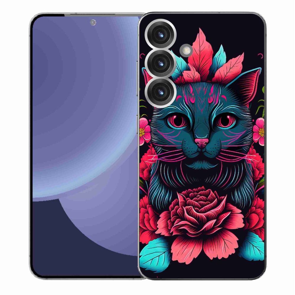 Gél borítás mmCase Samsung Galaxy S25+ - virágok és macska