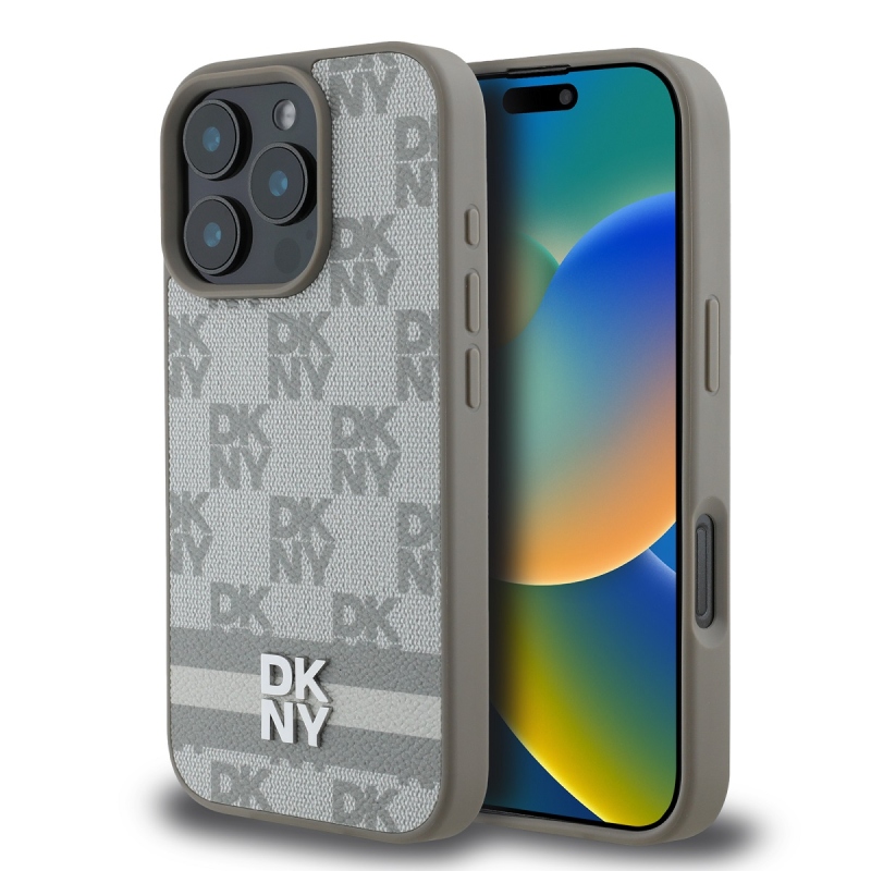 DKNY PU bőr kockás mintás és csíkos hátsó borító iPhone 16 Pro bézs színű készülékhez