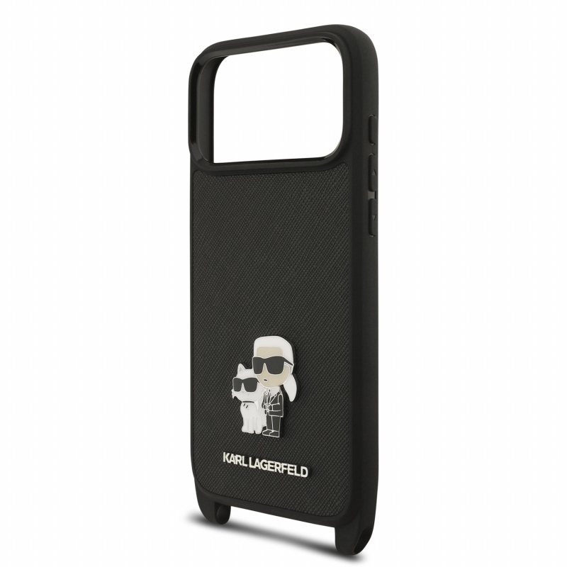 Karl Lagerfeld Saffiano kereszt vállpántos, fém Karl és Choupette hátsó tok iPhone 18 Pro-hoz, fekete