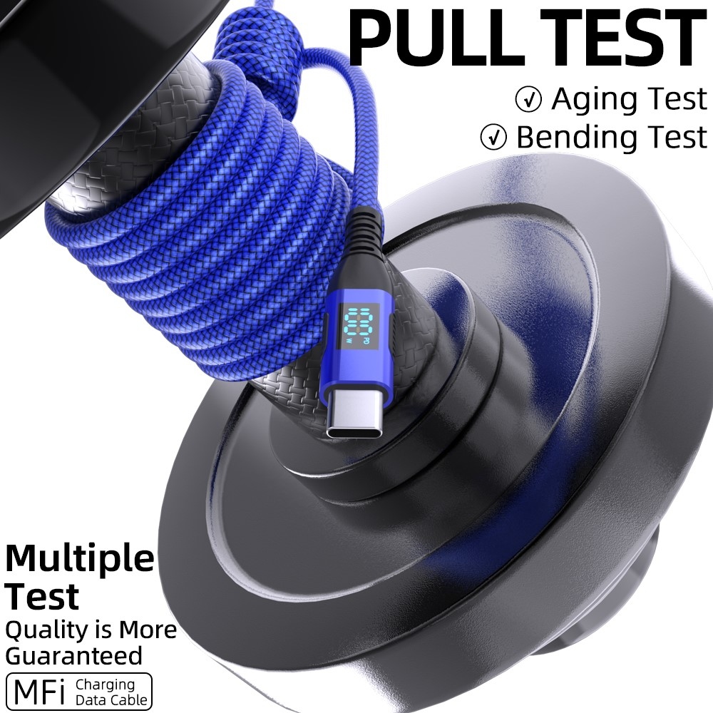 Nejlon USB-C / USB-C kijelzőkábellel 1m 100W - kék