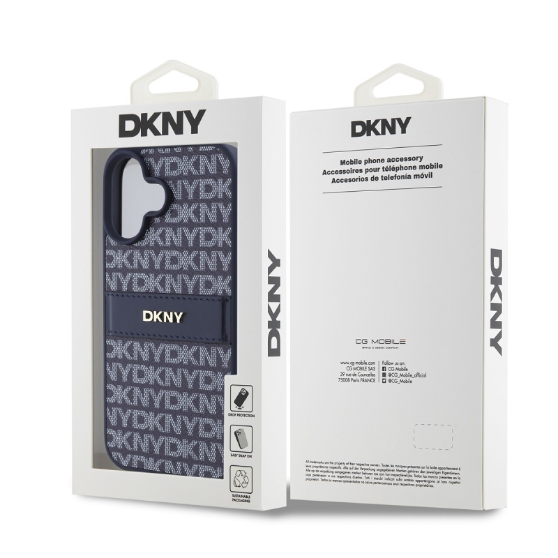 DKNY PU bőr ismétlődő mintás tonális csíkos hátlapi borító iPhone 16 kékhez