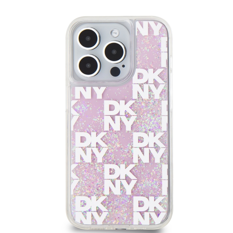DKNY Liquid Glitter Checkered Pattern hátlapi borító iPhone 15 Pro rózsaszínhez