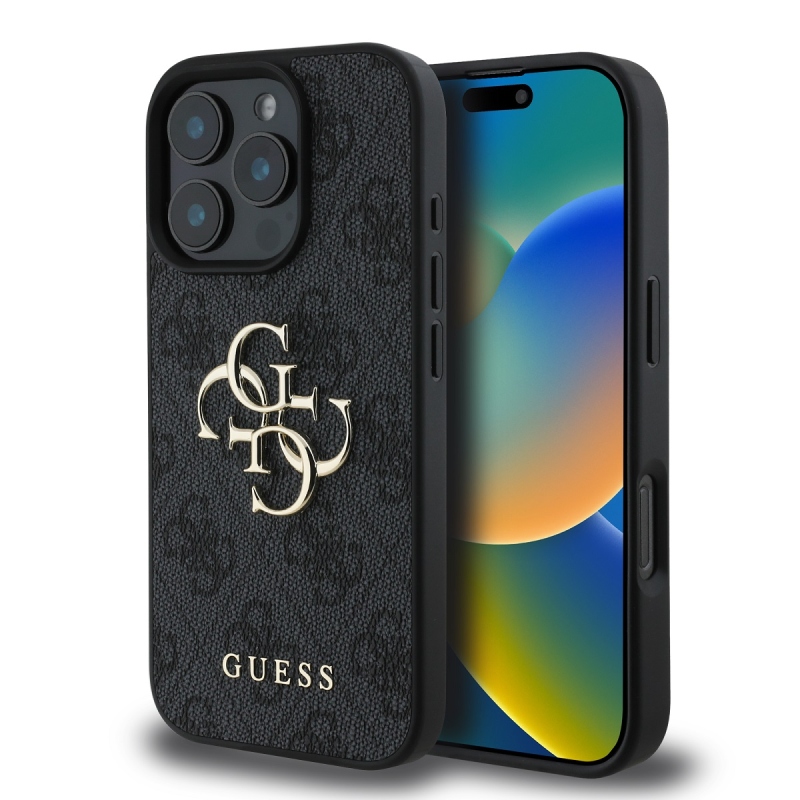 Guess PU 4G fém logós hátlap iPhone 16 Pro Max-hoz szürke