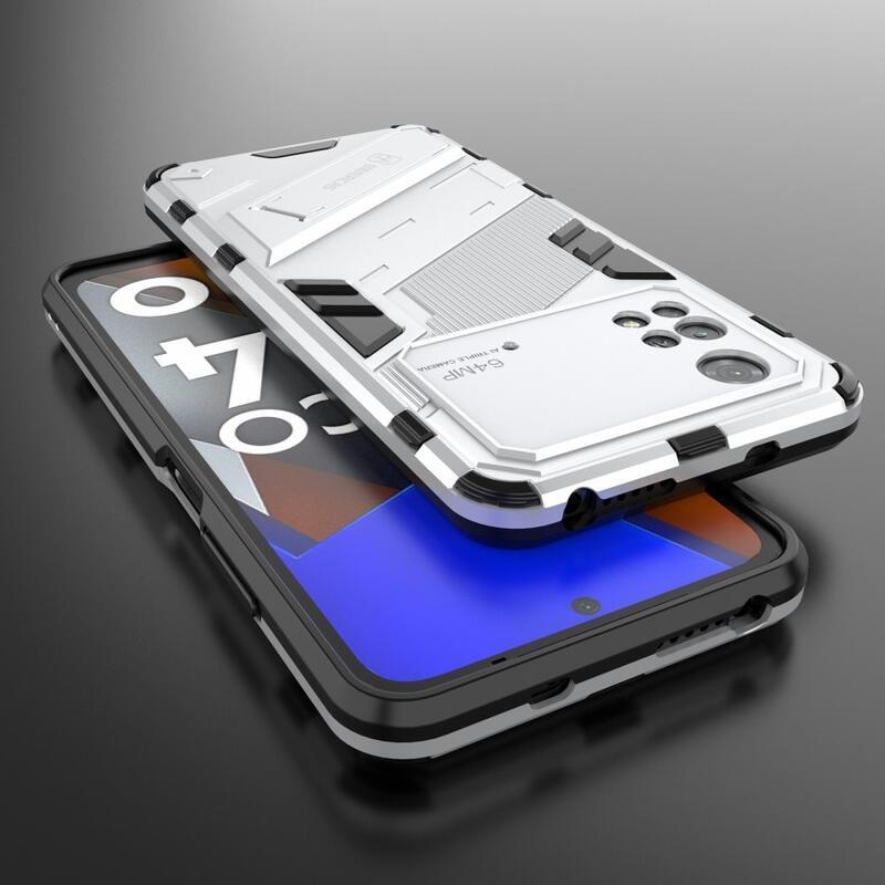 Guard tartós hibrid védőburkolat csuklós állvánnyal Xiaomi Poco M4 Pro 4G-hez - fehér