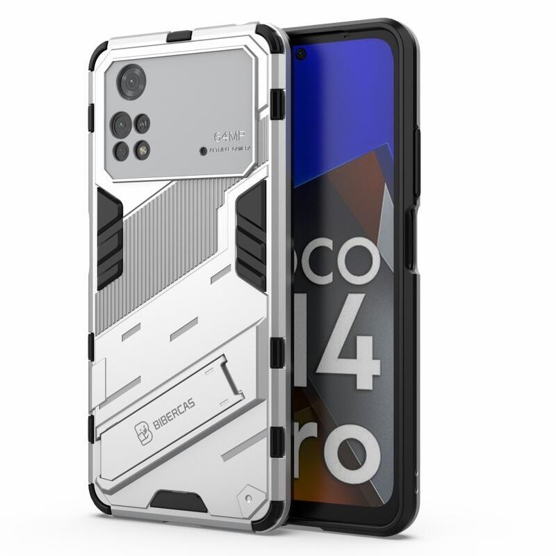 Guard tartós hibrid védőburkolat csuklós állvánnyal Xiaomi Poco M4 Pro 4G-hez - fehér