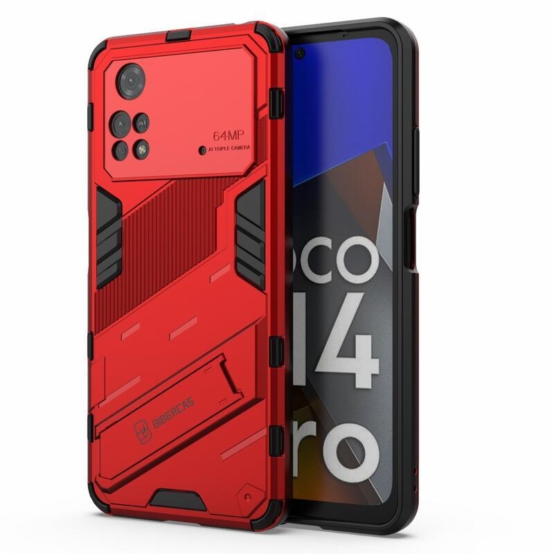 Guard tartós hibrid védőburkolat csuklós állvánnyal Xiaomi Poco M4 Pro 4G-hez - piros