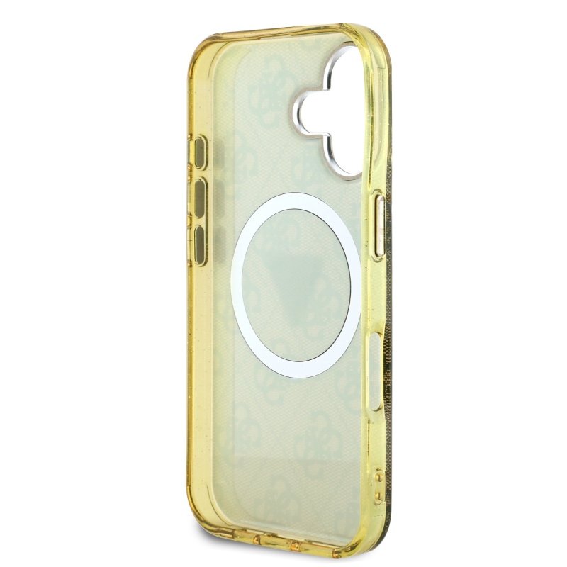 Guess IML 4G csillogó és háromszög logóval ellátott MagSafe hátlap iPhone 16-hoz Barna