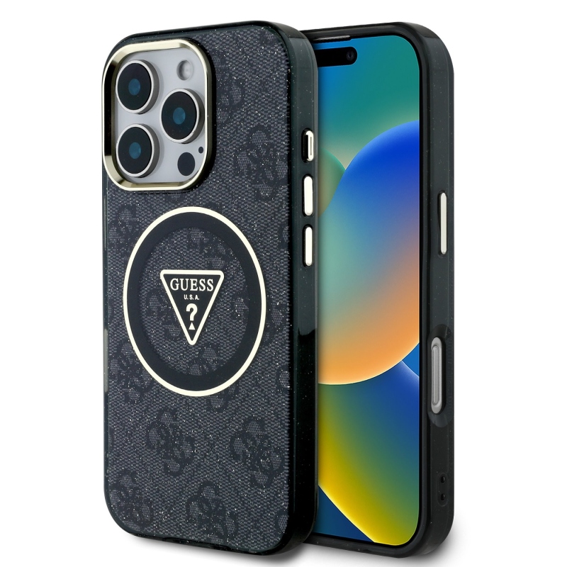 Guess IML 4G csillogó és háromszög logóval ellátott MagSafe hátlap iPhone 16 Pro Max-hoz Fekete