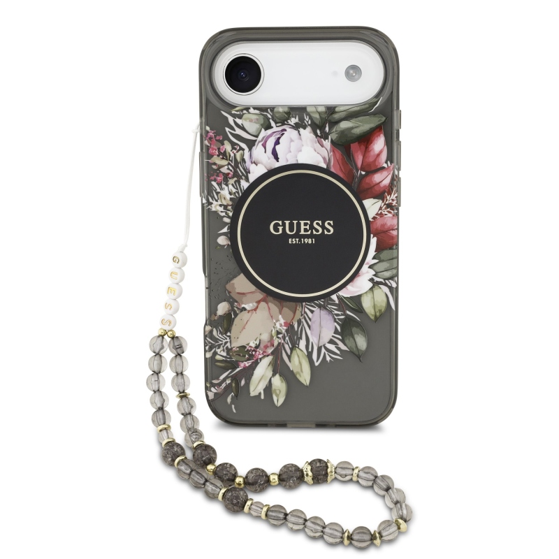 Guess IML Flowers Strap MagSafe hátlapi borító iPhone Airhez Fekete