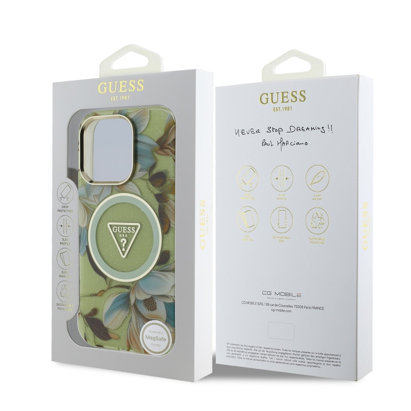 Guess IML Glitter Magnolia és háromszög logóval ellátott MagSafe hátlap iPhone 16 Pro Max-hoz Zöld