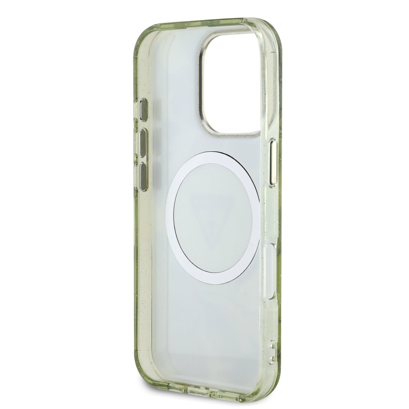 Guess IML Glitter Magnolia és háromszög logóval ellátott MagSafe hátlap iPhone 16 Pro Max-hoz Zöld