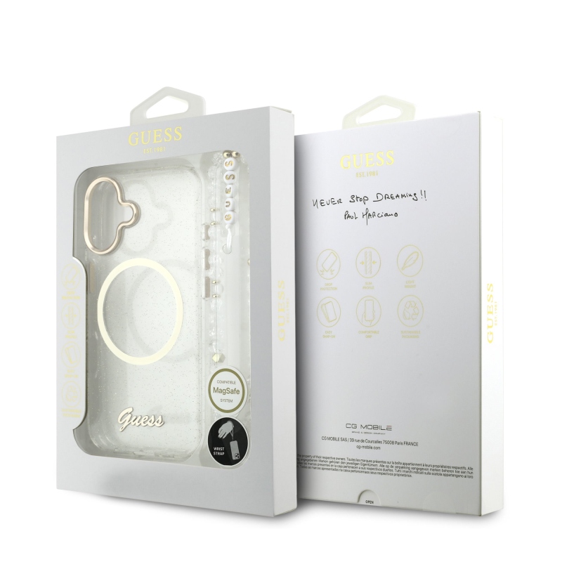 Guess IML Glitter Script Script Strap MagSafe hátlap iPhone 17 átlátszóhoz