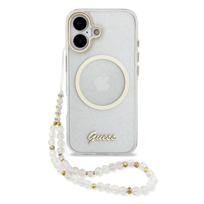 Guess IML Glitter Script Script Strap MagSafe hátlap iPhone 17 átlátszóhoz
