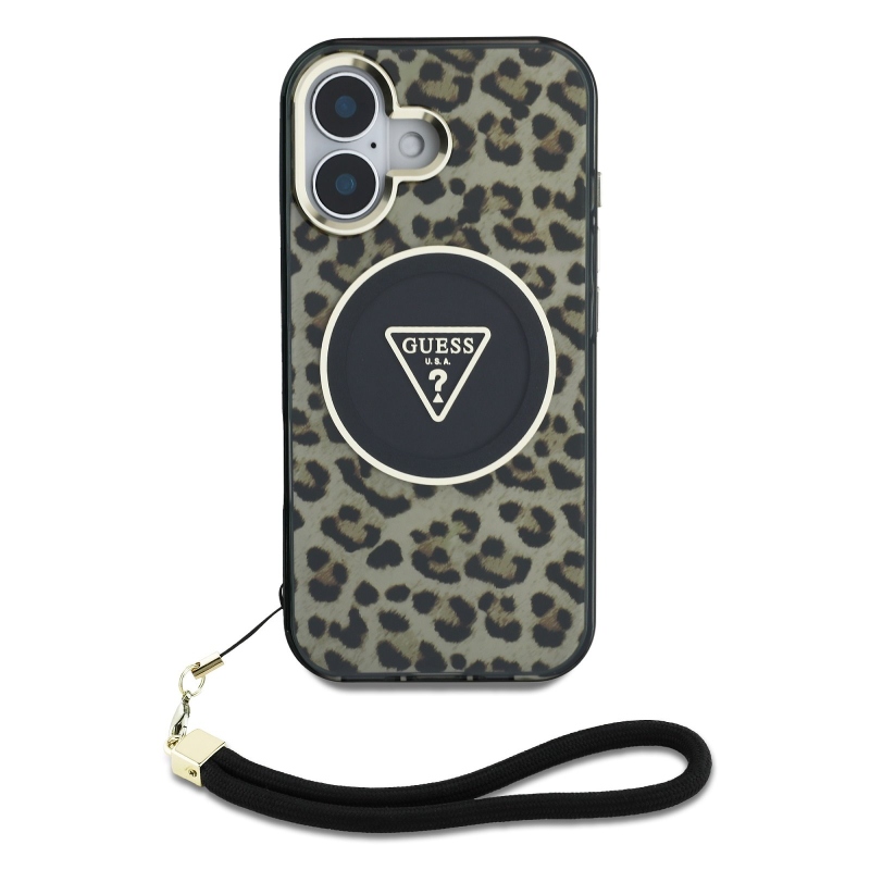 Guess IML Leopard Leopárd háromszög logó szíj MagSafe hátlap iPhone 16 barna