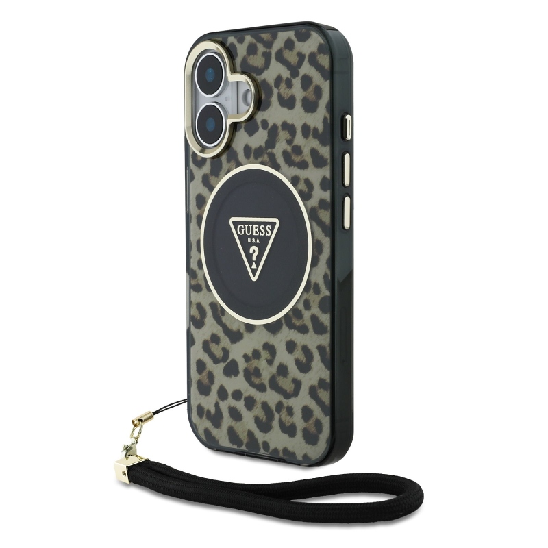 Guess IML Leopard Leopárd háromszög logó szíj MagSafe hátlap iPhone 16 barna