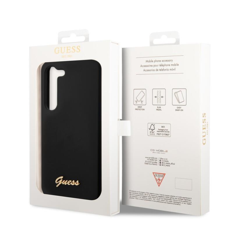 Guess folyékony szilikon tok fém logóval a Samsung Galaxy S23-hoz – fekete