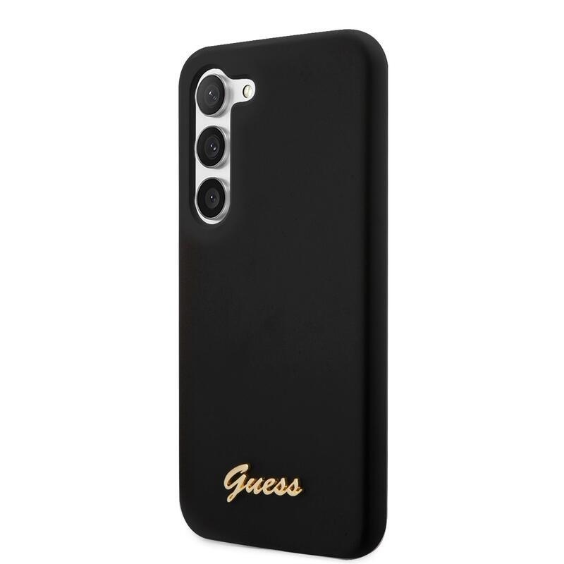 Guess folyékony szilikon tok fém logóval a Samsung Galaxy S23-hoz – fekete