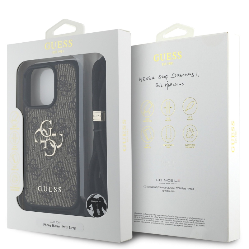 Guess PU 4G fém logó fém keresztpánt hátlapi borító iPhone 16 Pro barna színűre
