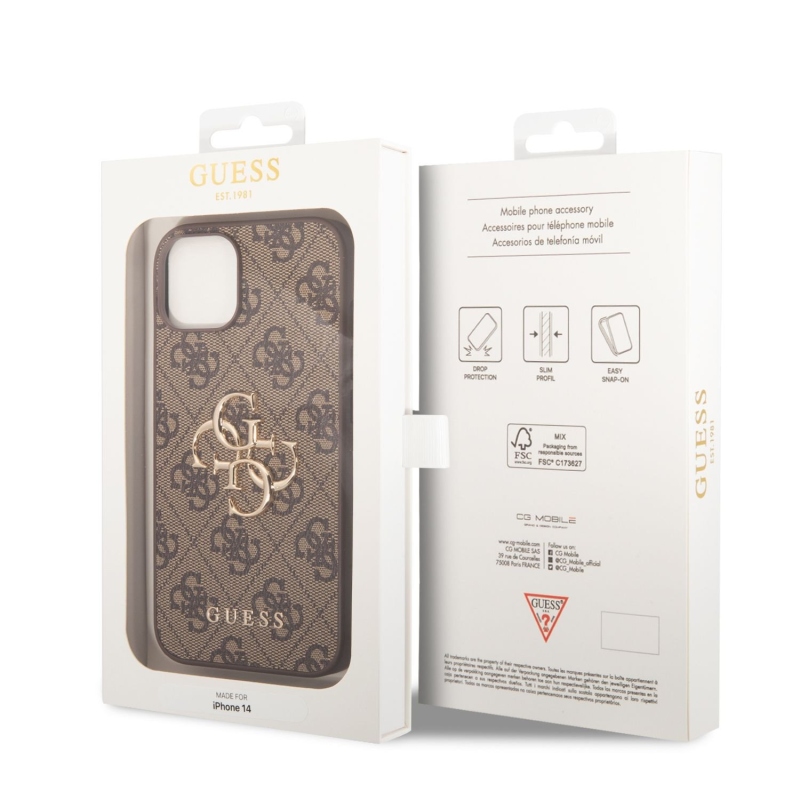 Guess PU 4G fém logós hátlap iPhone 14-hez Barna