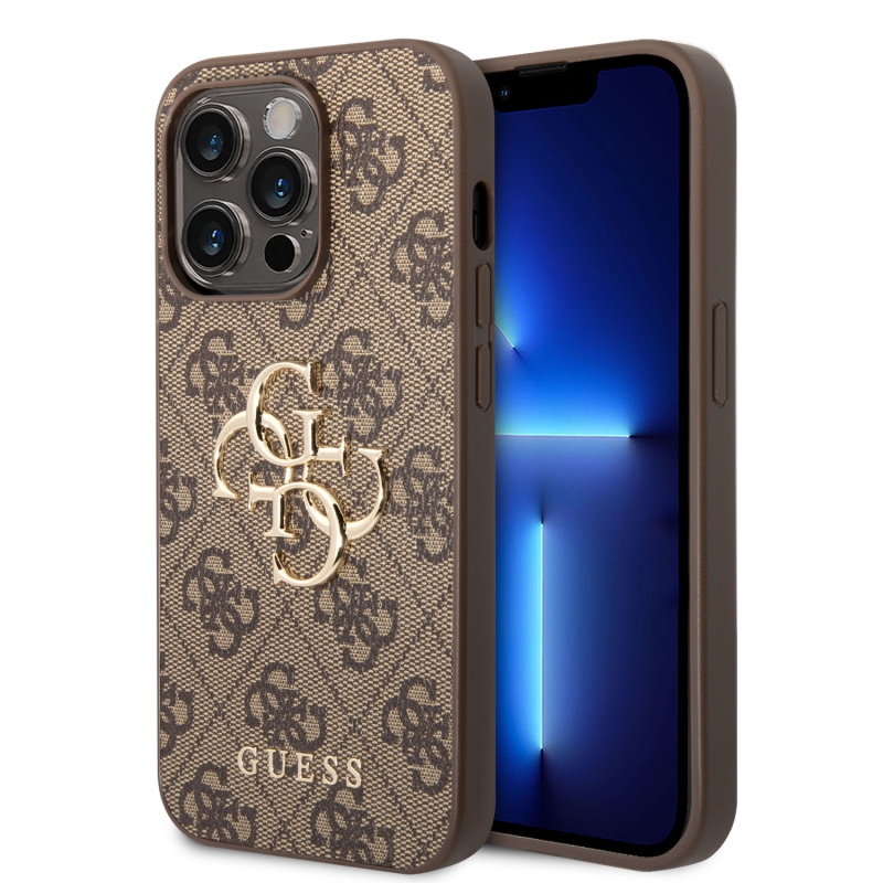 Guess PU 4G fém logós hátlap iPhone 15 Pro barna színű iPhone 15 Pro számára
