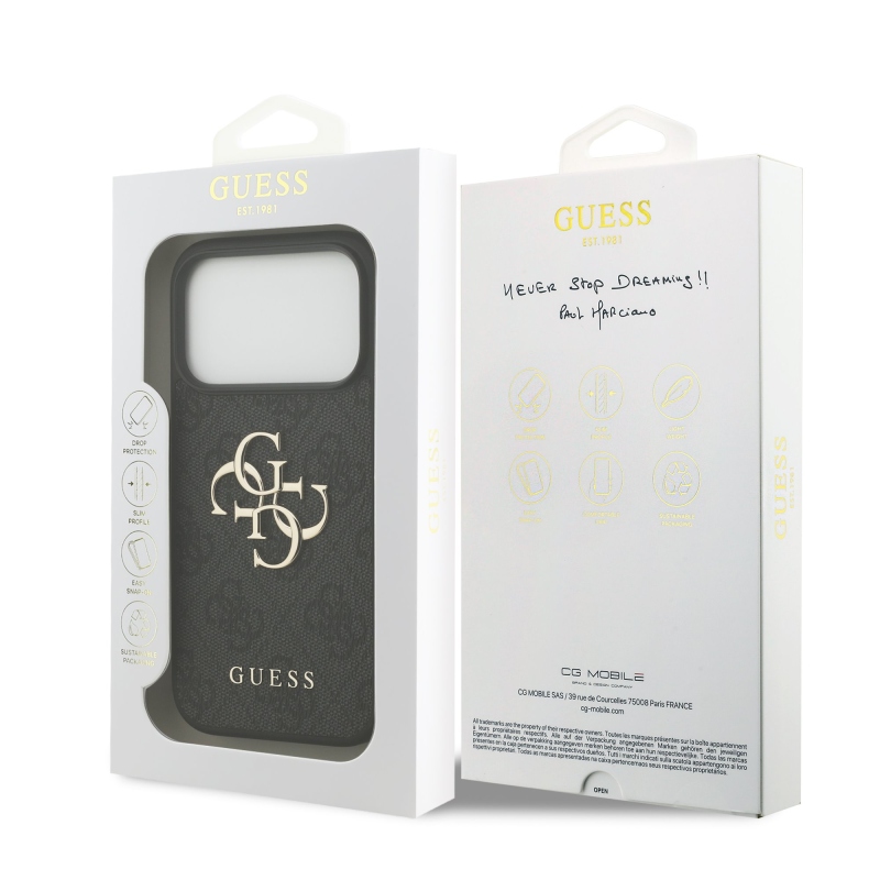 Guess PU 4G Metal Logo hátsó tok iPhone 18 Pro-hoz, szürke