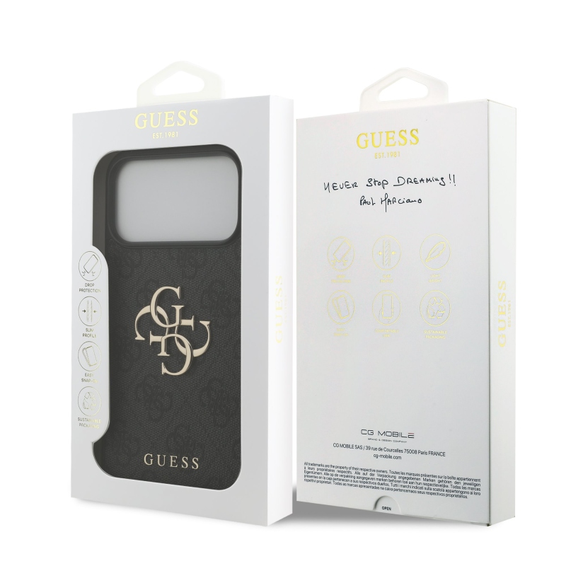 Guess PU 4G Metal Logo hátsó tok iPhone 18 Pro Max-hoz, szürke