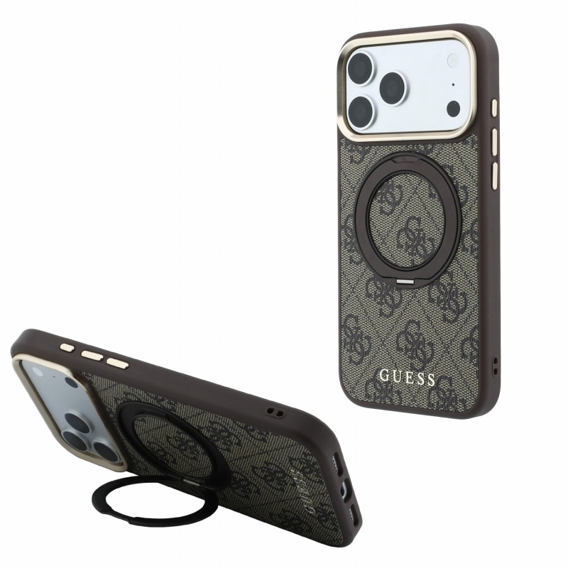 Guess PU 4G Ring Stand MagSafe hátsó tok iPhone 18 Pro Max-hoz, barna
