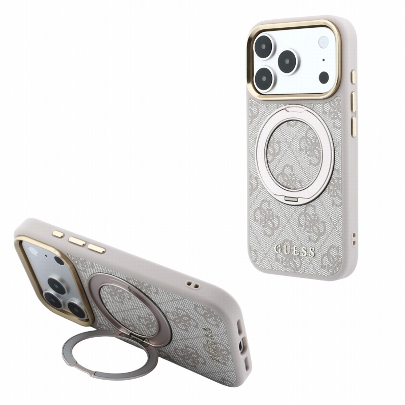 Guess PU 4G Ring Stand MagSafe hátsó tok iPhone 18 Pro-hoz, rózsaszín