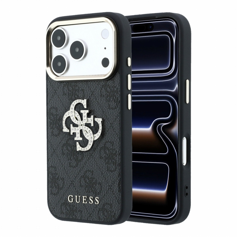 Guess PU 4G Strass Metal Logo hátsó tok iPhone 18 Pro-hoz, fekete