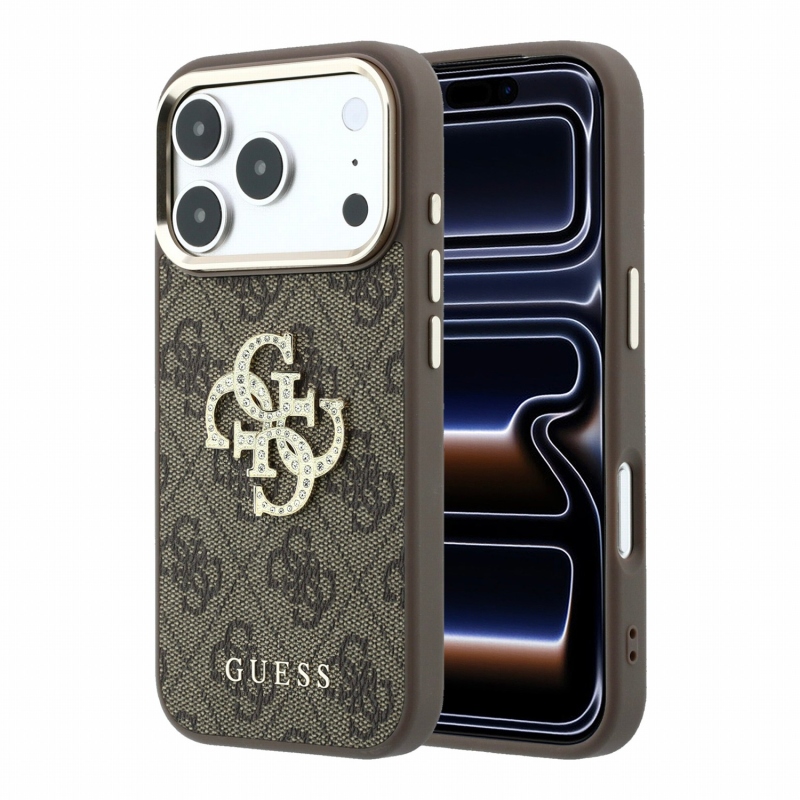 Guess PU 4G Strass Metal Logo hátsó tok iPhone 18 Pro-hoz, barna