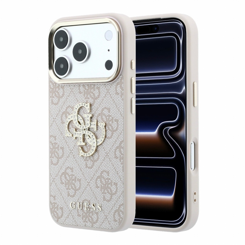 Guess PU 4G Strass Metal Logo hátsó tok iPhone 18 Pro-hoz, rózsaszín