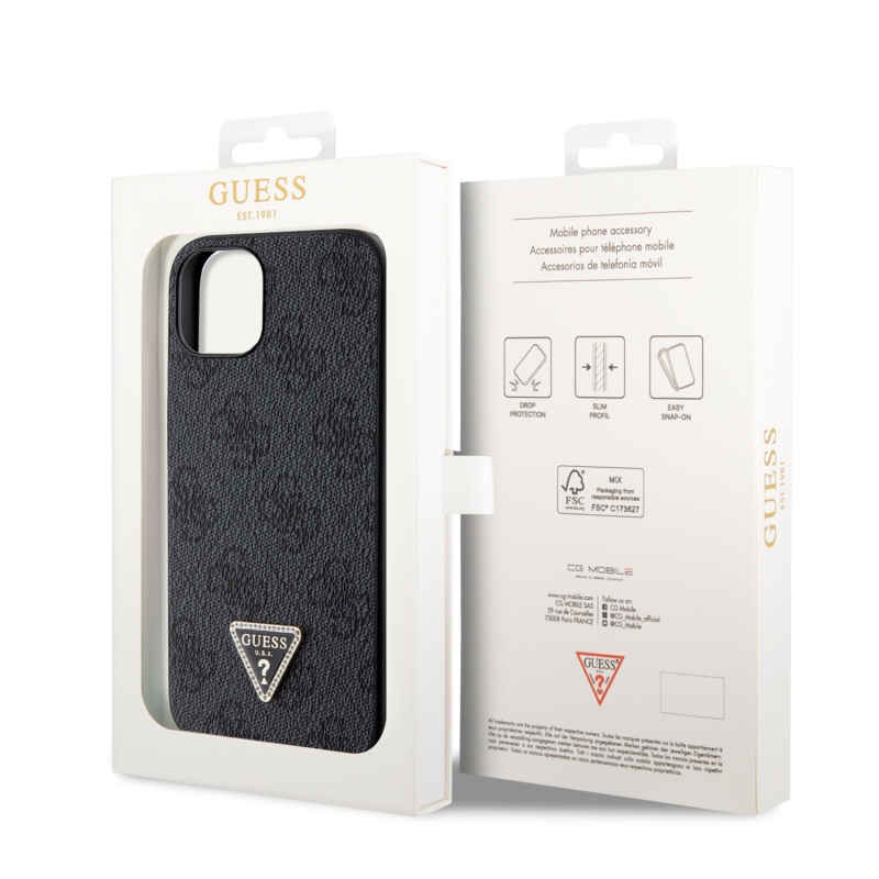 Guess PU 4G Strass háromszög fém logó hátlap iPhone 15 fekete