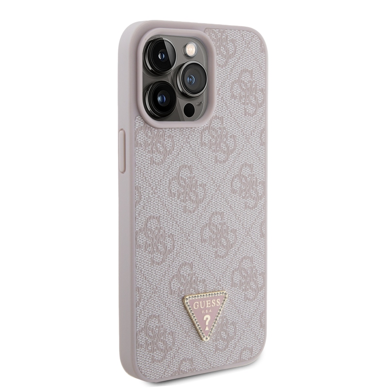 Guess PU 4G Strass háromszög fém logó hátlap iPhone 15 Pro Max rózsaszínűre